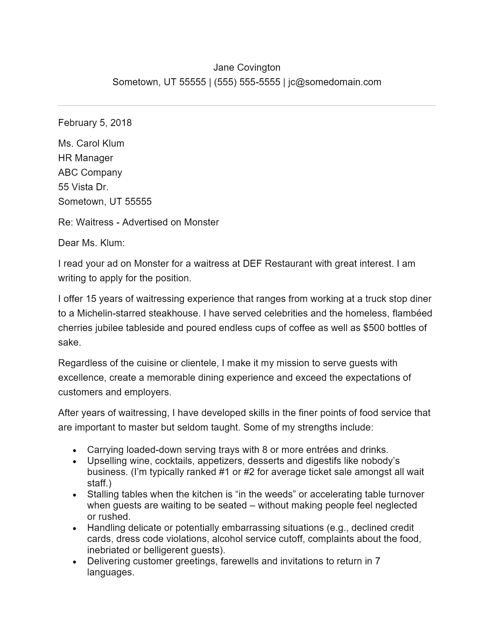 37801 waitress cover letter closing