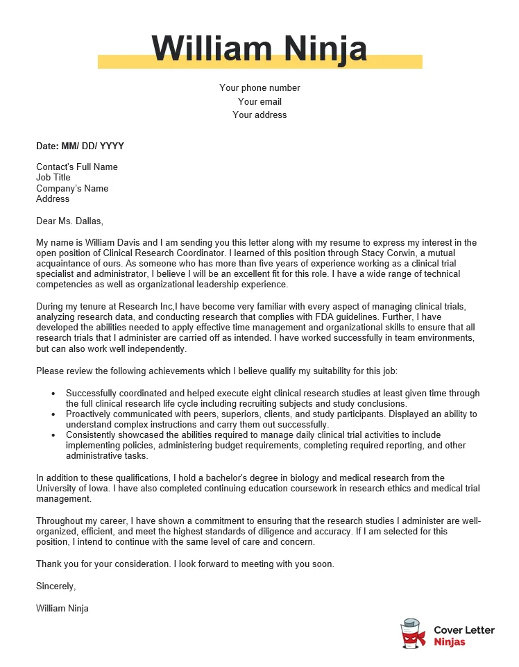 37892 clinical research coordinator cover letter template