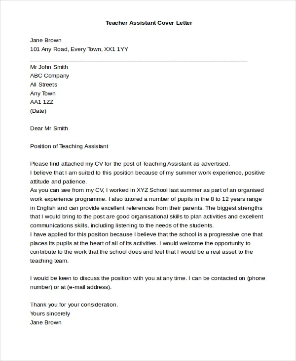 37928 teacher assistant cover letter