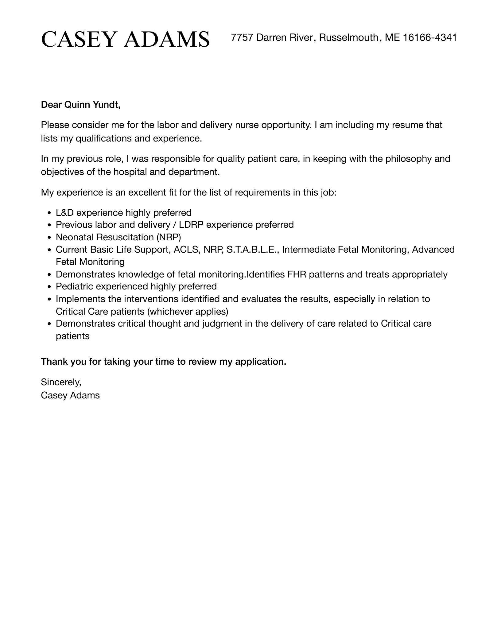 37989 labor delivery nurse experience