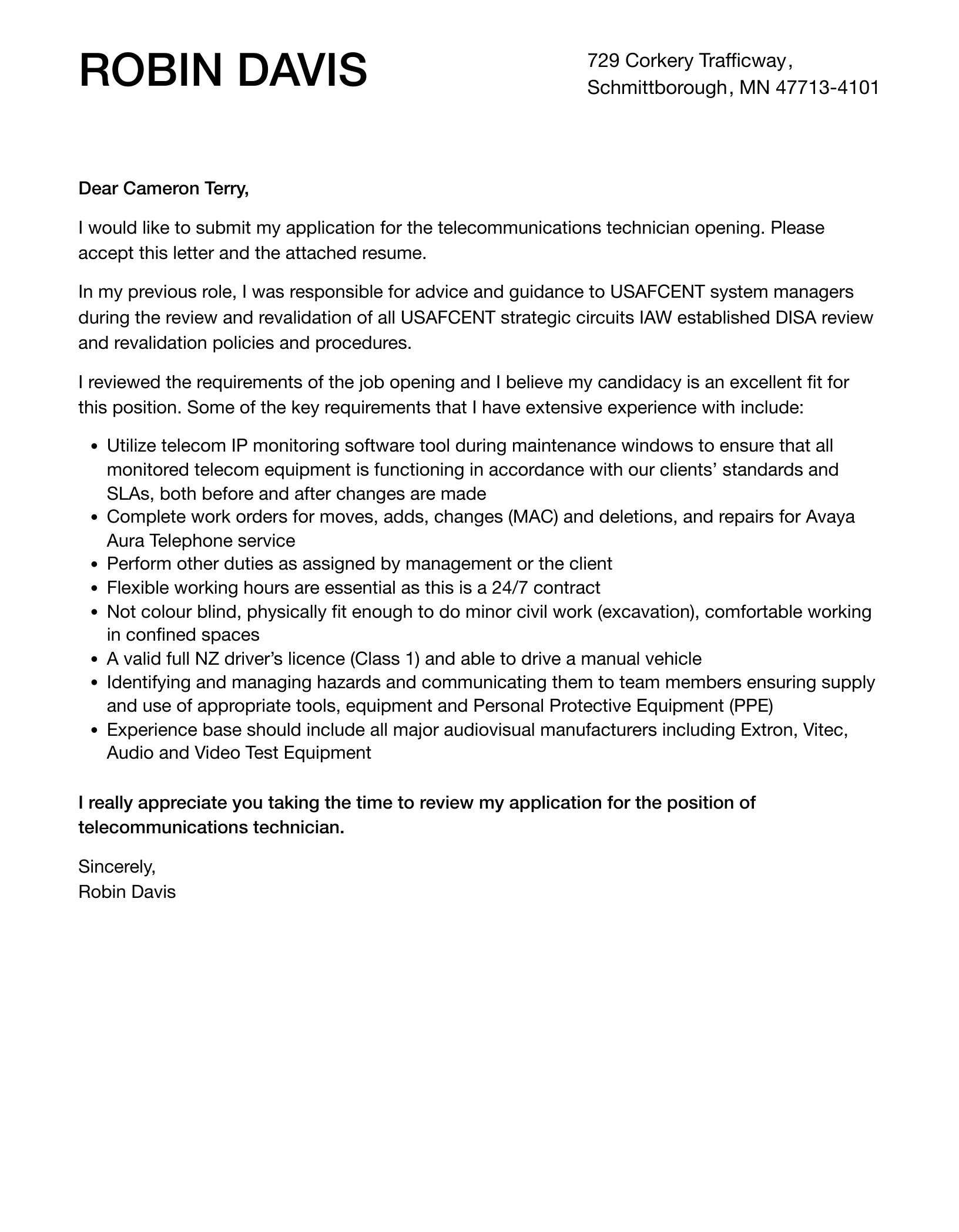 38005 telecom technician resume example