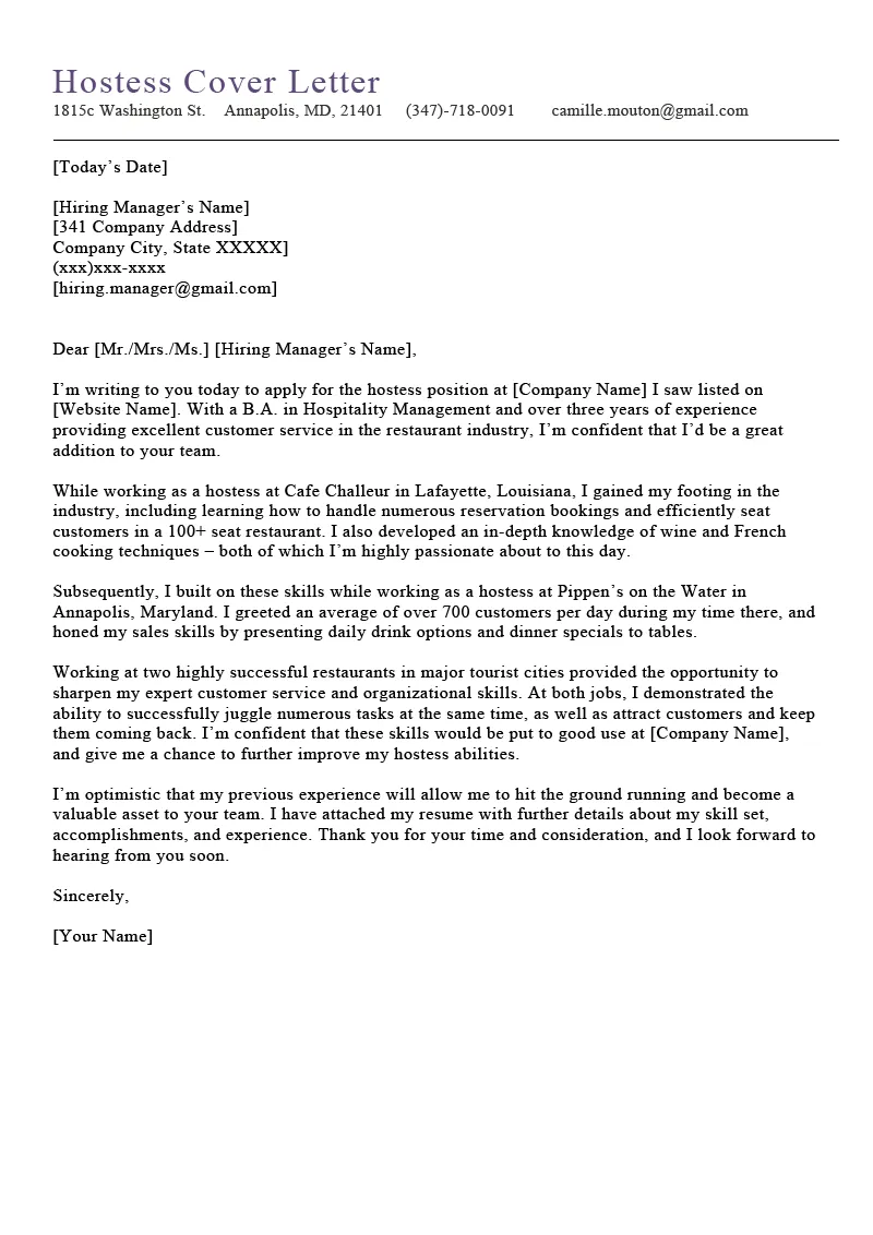 38019 hostess cover letter header