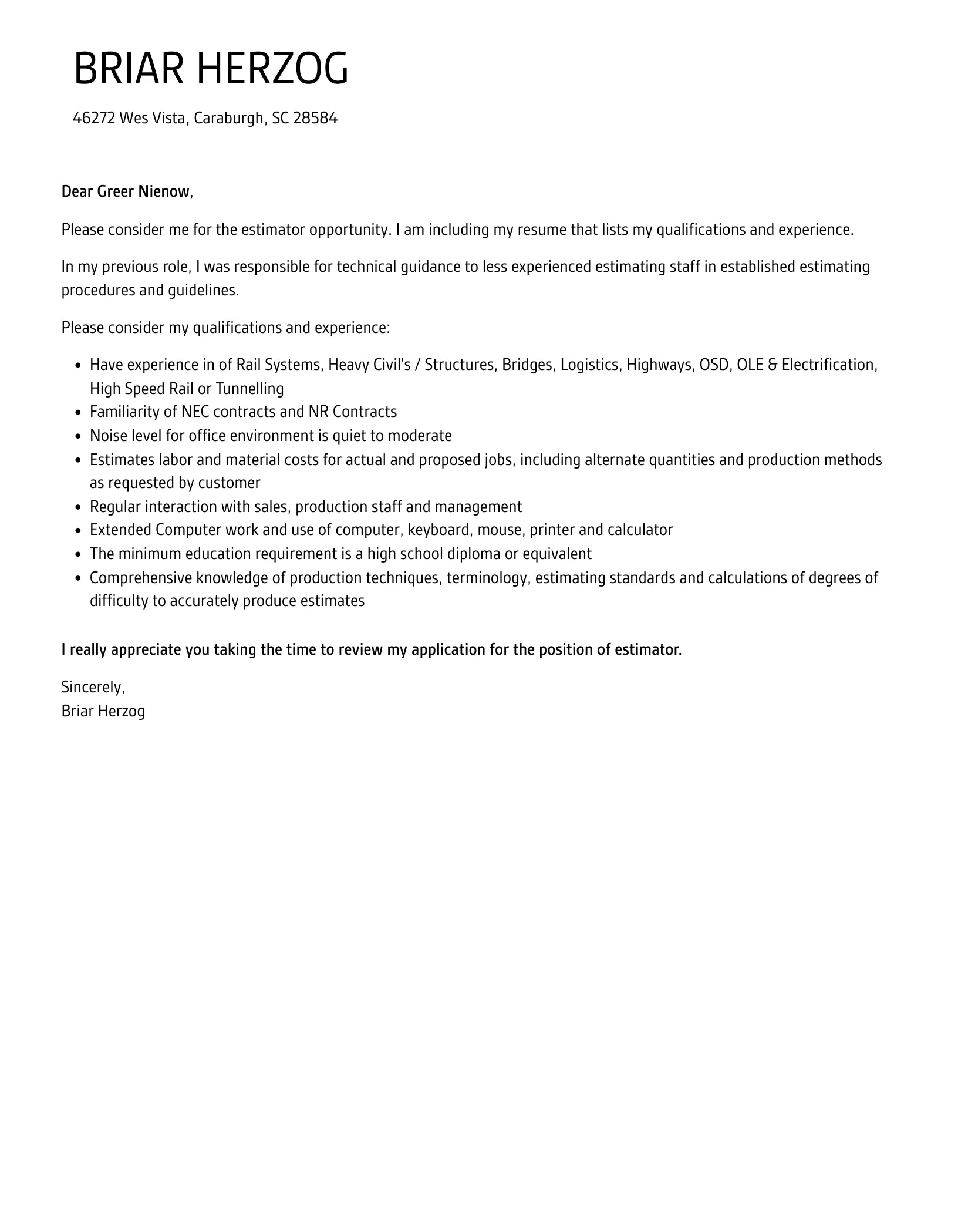38063 estimator cover letter examples